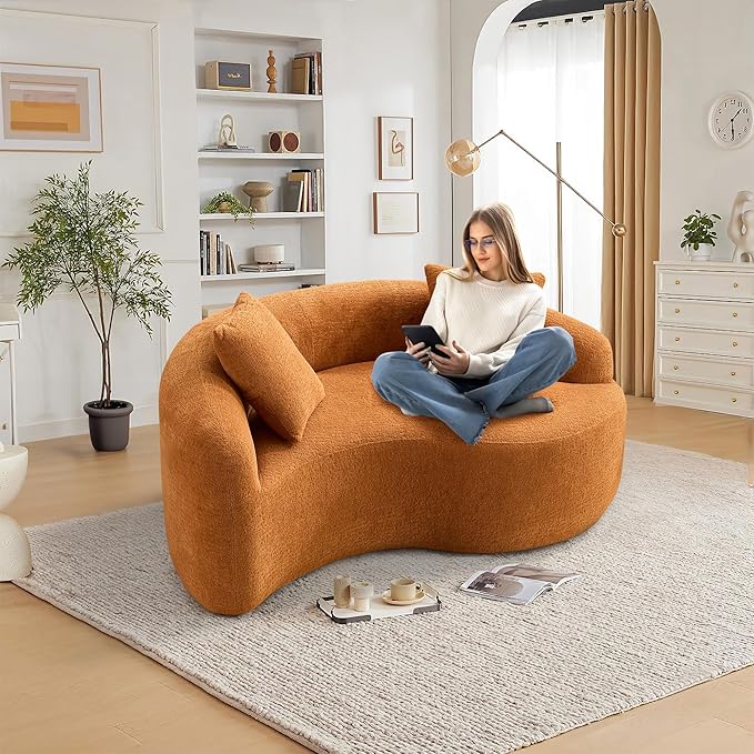 Modern Chenille S-Curved Modular Loveseat Sofa 66.9 Compression Sponge Boneless Couch No Assembly Required Cozy Upholstered Seating for Living Room Apartment Office or Meditation Space (Orange)