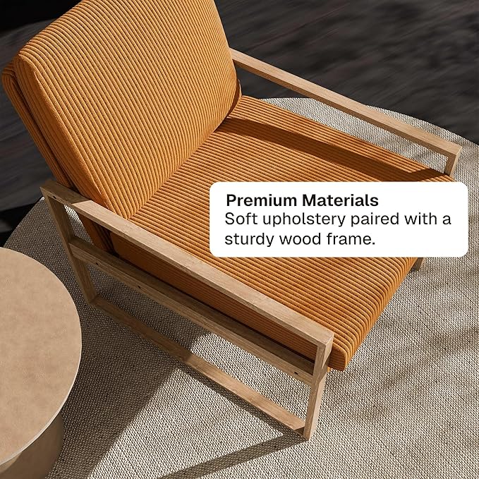BELLEZE Modern Mustard Yellow Accent Chair Mid-Century Corduroy Upholstered Lounge Chair Wooden Frame Armchair for Living Room Bedroom or Office Comfortable Padded Cushion