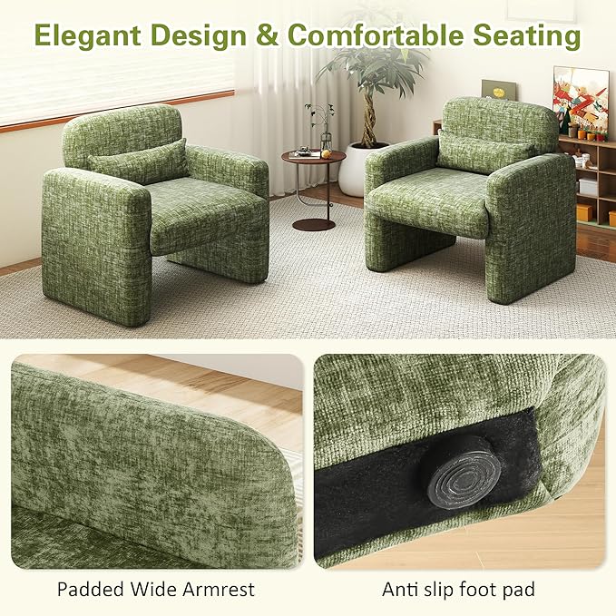 LSSPAID Modern Accent Chairs Chenille Fabric Armchairs for Living Room Comfy Upholstered Leisure Single Sofa Chair with Lumbar Pillow for Bedroom Balcony Office (Green Set of 1)