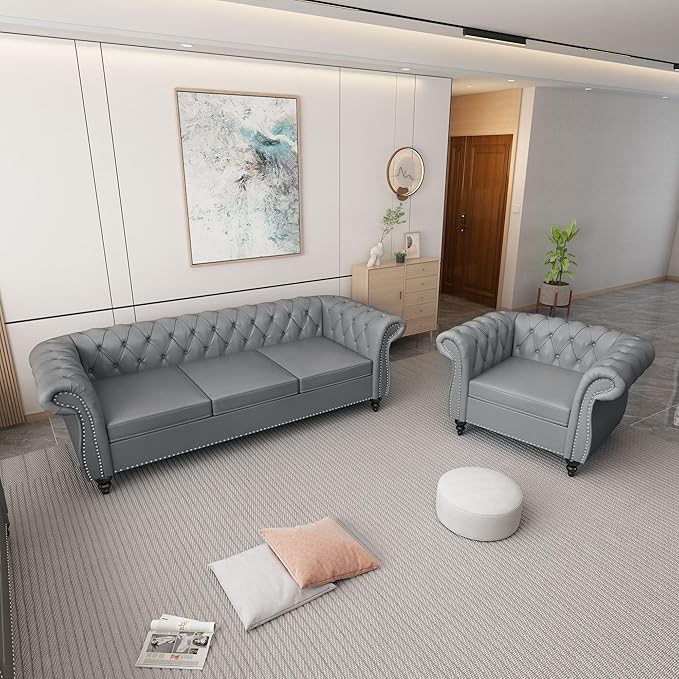 2 Piece Living Room Sofa Set 3 Seater Faux Leather Sofa Couch and Chair Set Mid Century Modern Upholstered Couch with Cushions Vintage Comfy Tufted Chesterfield Couches for Bedroom Office (Grey)