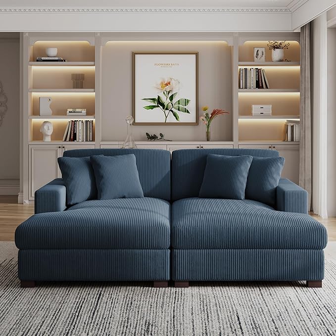 82.6 W Oversized Double Chaise Lounge Sofa Couch Comfy Corduroy Sleeper Sofa Bed with Deep Seat Modern Upholstered Cloud Couch with Pillows for Living Room Navy