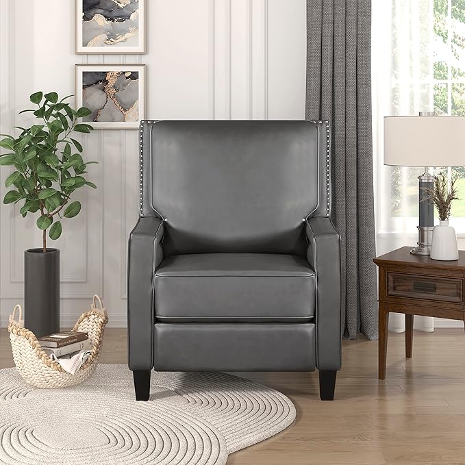 Lexicon Pushback Recliner Chair Faux Leather Armchair Push Back Recliner Nailhead Trim Solid Wood Legs Easy Assembly for Living Room/Office/Apartment Dark Gray