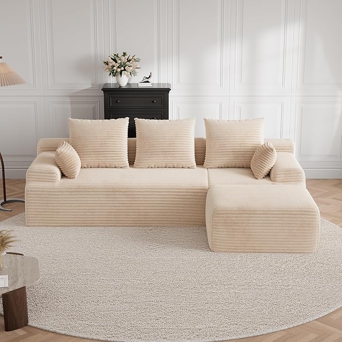 Boneless Couch Cloud Couch Sectional 106 L-Shape Modular Sectional Sofa with Ottoman Corduroy Sofa for Living Room Bedroom No Assembly Required Beige