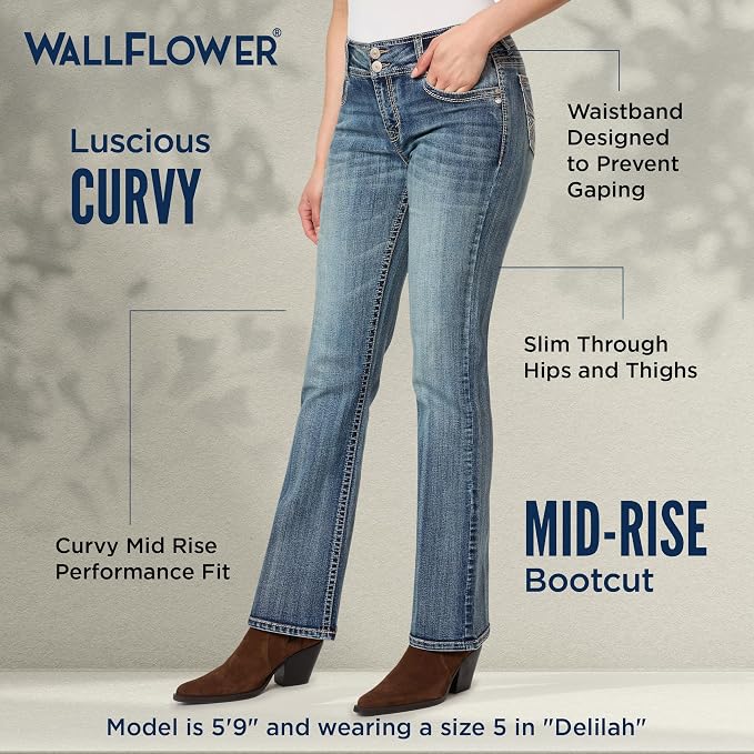 WallFlower Luscious Curvy Bootcut Jeans for Women Mid-Rise Insta Stretch Denim Size-Inclusive Juniors Jeans