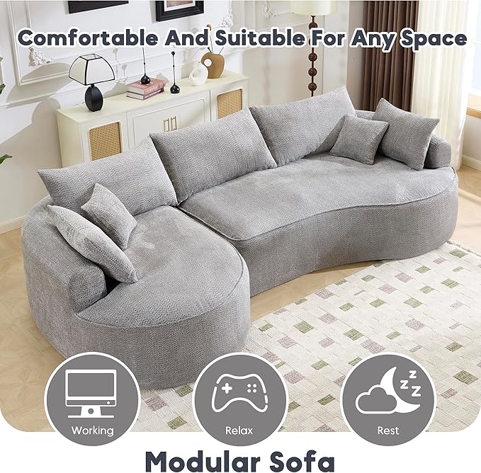 124.5 Oversized Curved Boneless Couches for Living Room Chenille Sectional Sofa with 7 Pillows L-Shape Boneless Couch with Deep Seat High-Density Memory Foam No Assembly Required (Grey)
