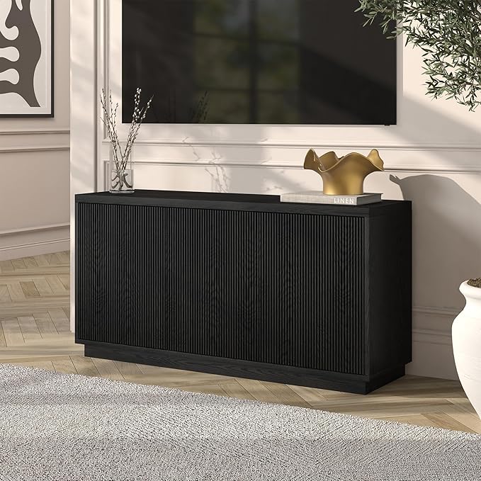 Henn&ampHart Fluted TV Stand for TVs up to 55 with 3 Swing Out Ribbed Doors and Adjustable Shelves for Living Room Family Room or Office Natural Black
