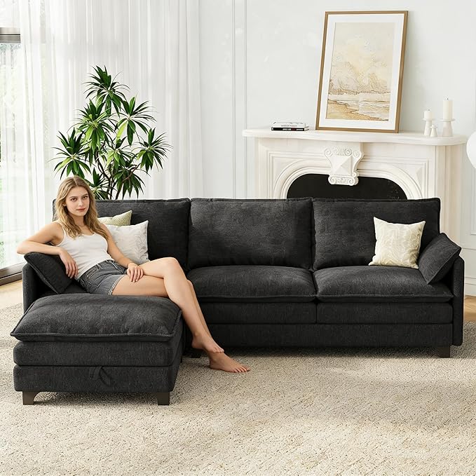 106 L Shaped Modern Modular Sectional Sofa Chenille Cloud Couch with Storage Ottoman Deep Seat Couches with Side Pocket for Living Room Bedroom and Apartment Dark Grey