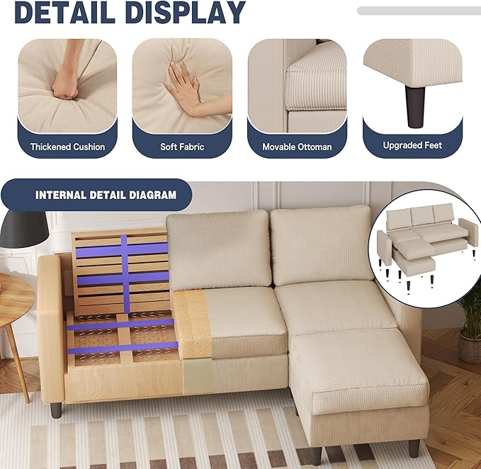 Shintenchi Small Sectional Sofa CouchesL Shape Convertible Sofa with Ottoman3 Seat Comfy Corduroy Upholstered Sofa CouchSmall Couch for ApartmentLiving Room and Office(Beige)