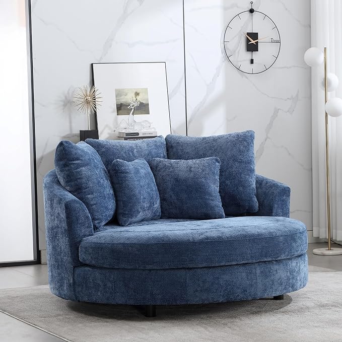 Aoiy &amp Wifon 59.8 W Oversized Barrel Chair Round Accent Chair with Wheels Extra Large Living Room Chair Knitted Chenille Blue