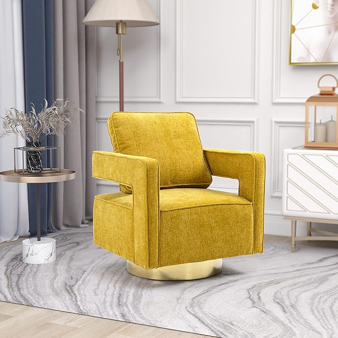 30.7 W Swivel Accent Open Back Chair Modern Comfy Sofa Chair with Gold Stainless Steel Base for Nursery Bedroom Living Room Hotel Office Club Chair Leisure Arm Chair for Lounge (Mustard Chenille)
