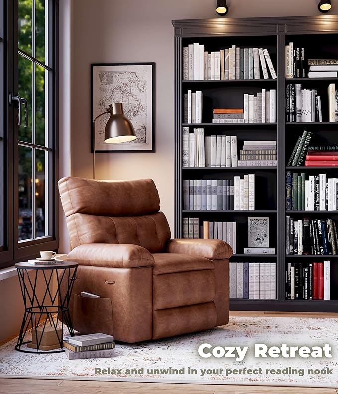 Garvee Oversized Recliner Chair - PU Leather Manual Recliner for Adults Comfy Reclining Chair with Overstuffed Arms and Back Side Pocket Single Sofa for Living Room Bedroom