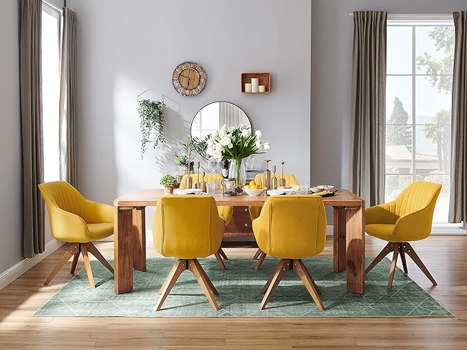 Art Leon Dining Chair Mid Century Modern Fabric Upholstered Swivel Dining Room Chair with Wood Legs Leisure Side Chair with Arms for Living Room Yellow