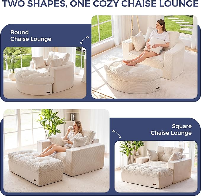 MAXYOYO Modular Sectional Chaise Lounge Sofa 2 Sets Upholstered Lounge Chair with Ottoman Comfy Round+ Square Couch with Layered Cushion Tufted Sleeper Chair for Living Room No Assembly Beige