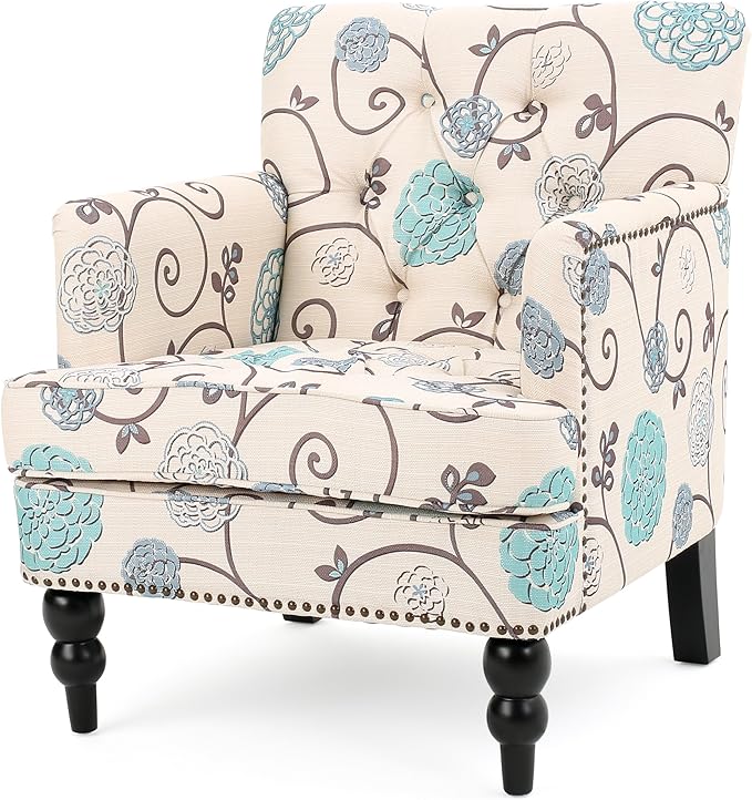 Merax Comfy Armchair Home Fabric Accent Chair Bedding Room FurnitureBlue and Light Beige