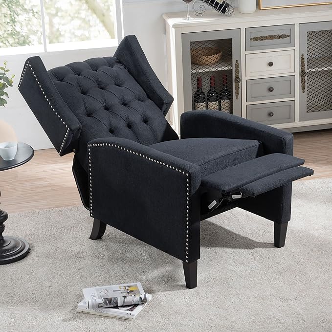 Push Back Recliner ChairEasy Chairs for Small SpacesComfy ArmchairReading Recliner Chairs for AdultsLiving Room Accent Chair Wingback and Rivets Design for Modern Recliner Chair(Black)