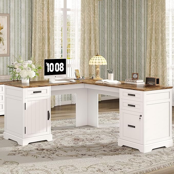 Alohappy 67'' L Shaped Desk with Drawers Farmhouse Corner Computer Desk with File Storage and Charging Station for Home Office White