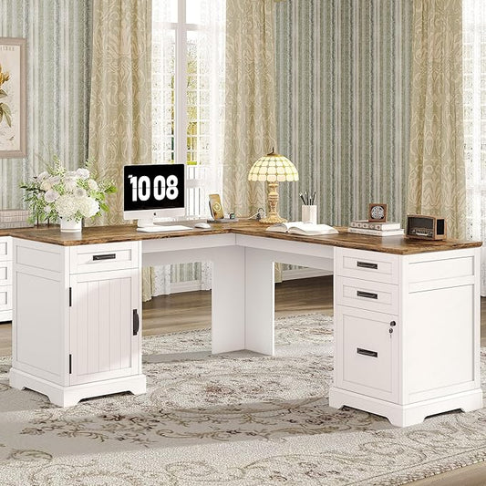 Alohappy 67'' L Shaped Desk with Drawers Farmhouse Corner Computer Desk with File Storage and Charging Station for Home Office White