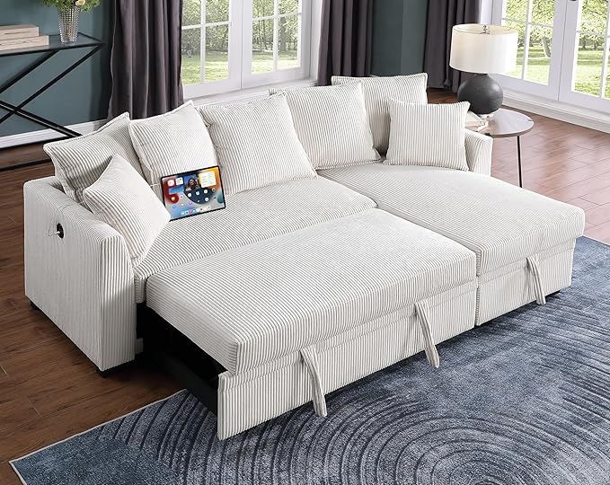 Modern Living Room Corner Convertible Sofabed Corduroy Upholstered Reversible Sleeper Sectional Sofa with 7 Pillow and USB Ports L-Shaped Pull Out Sleep Couch Bed W/Reversible Storage Chaise Daybed