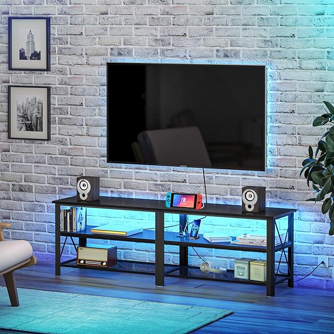 Clikuutory Modern Black 63 inch Metal TV Stand with LED Lights and Power Outlets for 40 50 55 60 65 70 Inch TVs 3 Tier Television Stands with Entertainment Center and Storage for Living Room Bedroom