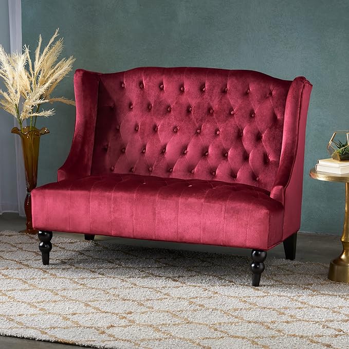 Modern Tufted Velvet Wingback Loveseat Tufted Velvet 2 Seat Couch Sofas with High Back Thick Padded Cushioned Seats for Living Room Victorian Style Wine red