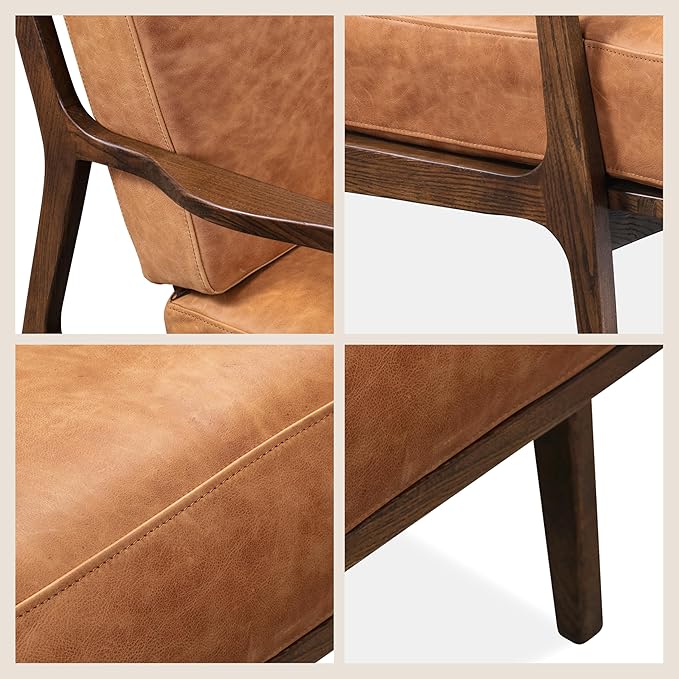 Poly &amp BARK Verity Leather Accent Chair – Armchair with Walnut Wood Frame – Fashion-Forward Lounge Seating for Living Room – Upholstered in Cognac Tan Leather for Modern Style