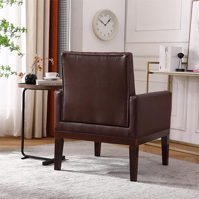 PU Leather Accent Chair Upholstered Lounge Sofa Armchair Comfortable Armchair with Wooden Legs in Log Color Modern Button Reading Chair for Bedroom Living Room Dark Brown