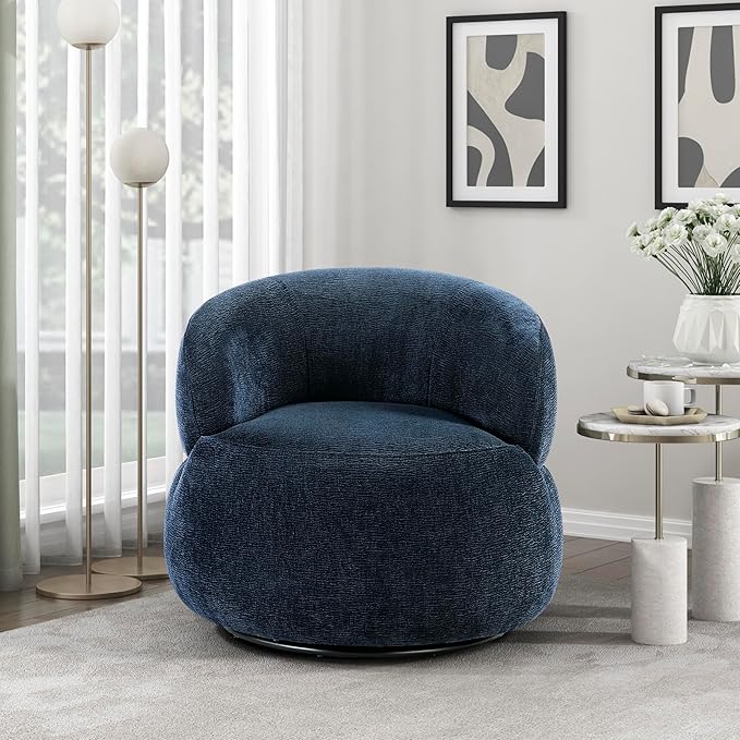 Lexicon Modern Barrel Swivel Accent Chair - Upholstered Soft Chenille Fabric with Metal Base 360 Degree Round Swivel Accent Chair for Living Room Bedroom Office No Assembly Required Blue