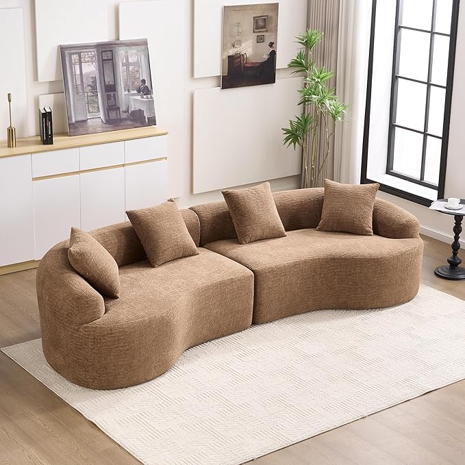 110'' Modern Curved Sofa Sectional Arc 4-Seater Foam Couch Compressed in-a-Box Boneless Cloud Couch with Extra-Deep-Wide Seats in Comfortable Chenille No Assembly Classic Caramel