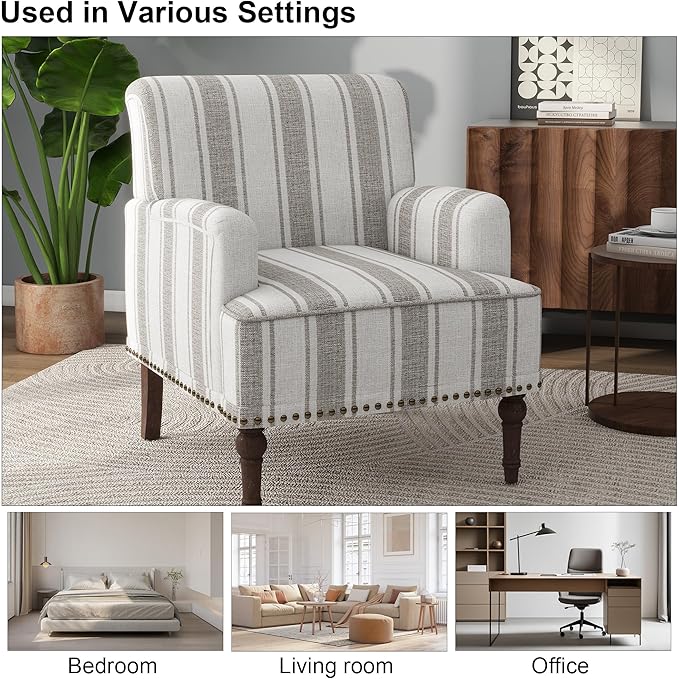 Accent Chair Mid Century Modern Comfy Armchair for Living Room Linen Fabric Single Sofa Lounge for Reading Bedroom Apartment Waiting Room with Wood Legs (Brown Stripe Set of 1)