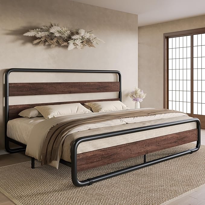 SHA CERLIN King Size Metal Bed Frame with Wooden Headboard and Footboard Heavy Duty Platform Bed Frame with 10 Under-Bed Storage Noise-Free No Box Spring Needed Mahogany