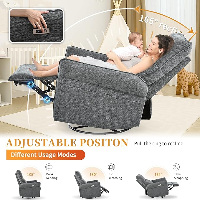 Power Swivel Rocker Recliner Chair for Nursery Upholstered Snowflake Velvet 270°Swivel Glider Rocker Chair with USB Ports Small Power Recliners for Small Spaces Living Room
