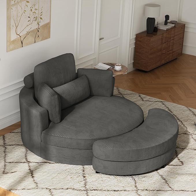 DEINPPA 51'' Accent Swivel Barrel Chair with Storage Ottoman Modern Oversized Round Leisure Sofa Chaise with Tray Pillows Corduroy Upholstered Lounge Chair for Bedroom Living Room Hotel Club Gray