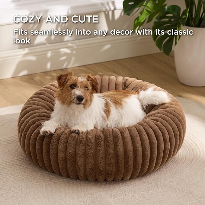 Bedsure ComfyFleece™ Donut Small Dog Bed - Dog Beds for Small Dogs with Corduroy Fleece &amp Anti Slip Bottom Round Faux Fur Pet Beds with Washable Removable Cover Camel Brown 27x27x8 inches