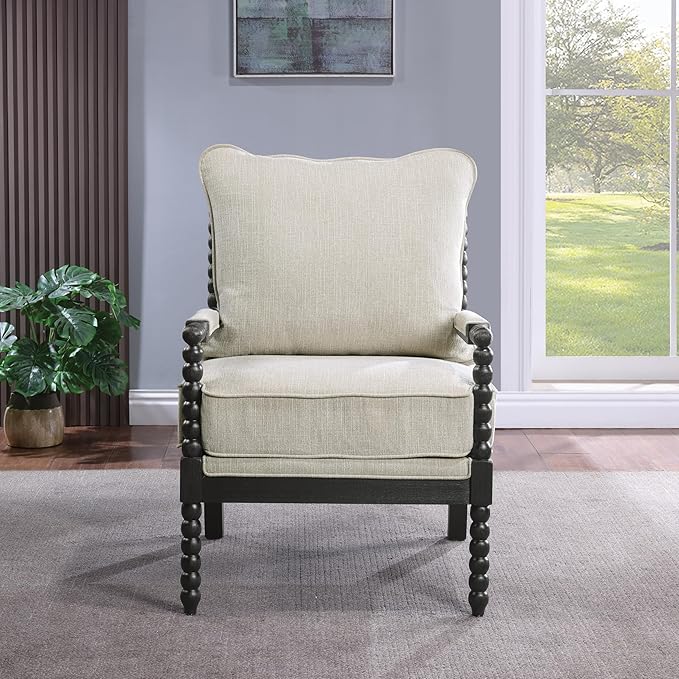 OSP Home Furnishings Eliza Spindle Accent Chair Linen Fabric with Black Wood