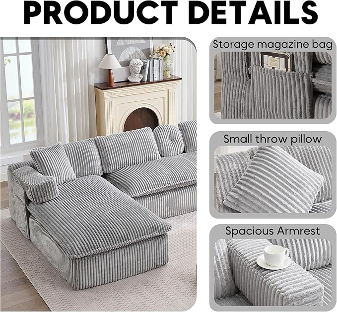 Oversized Cloud Boneless Couch 149 Modular Sectional Sofa with Deep Seat Chaise Fluffy U Shaped Couches for Living Room Comfy Plush Corduroy Sofa with Pillows No Assembly Light Grey