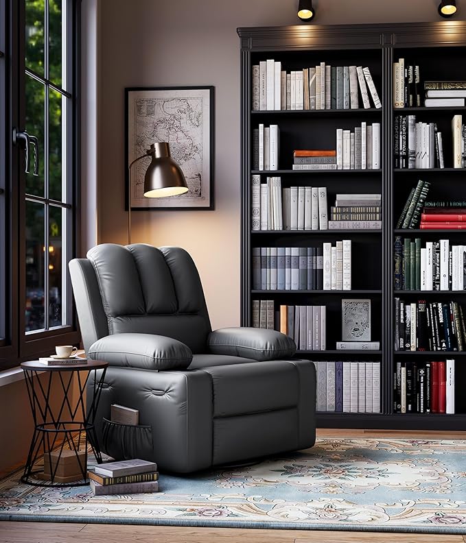 Oversized Recliner Extra Wide 27 Leather Recliner Chair Manual Recliner Chair for Living Room Large Rocking Recliner with Cup Holders and Padded Arms Gray