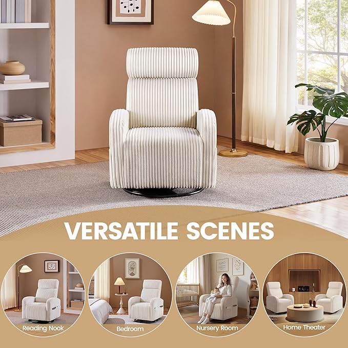 Yaheetech 360° Swivel Glider Chair for Nursery Rocking Chair Nursing Chair with Side Pockets Corduroy Glider for Living Room with High Back Beige