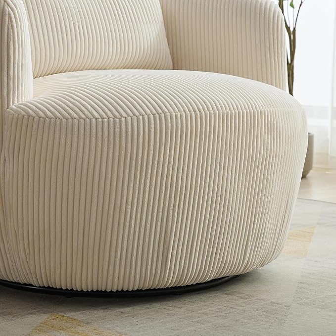 34.25 Swivel Barrel Chair Round Accent Barrel Chair Modern Wide Armchair Upholstered Corduroy Lounge Comfortable Sitting Single Seat Rotating Base for Living Room Office Chair Ivory