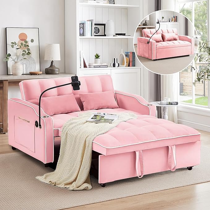 TTK 3-in-1 Convertible Velvet Sleeper Sofa Bed Pull-Out Loveseat with Adjustable Backrest USB Port &amp 2 Pillows Swivel Phone Stand &amp Storage Pockets Modern Futon Couch for Living Room Pink
