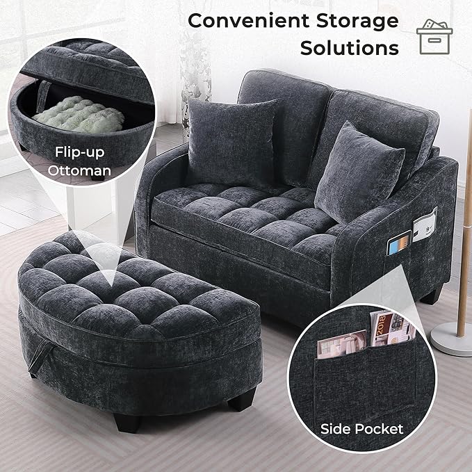 DEINPPA Oversized Accent Sofa Chair with Storage Ottoman Chenille Upholstered Comfy Chair with Throw Pillows for Living Room Reading Room Bedroom-Black