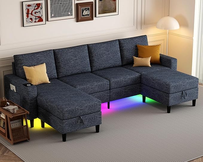 Sectional Couches for Living Room 4 Seat Sectional Sofa with Smart Module-Wireless Charging/USB/Type-C/RGB Light U Shaped Couch with Reversible Chaise Lounge/Storage Ottoman (Blue)