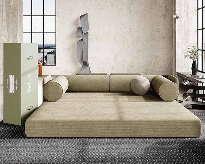 ROVE LAB S8 Sofa Bed – Comfortable Sleeper Sofa for Small Spaces – Spill-Proof Performance Corduroy – SmartFoam™ Support – Modular Tool-Free Setup (Terraform Green)