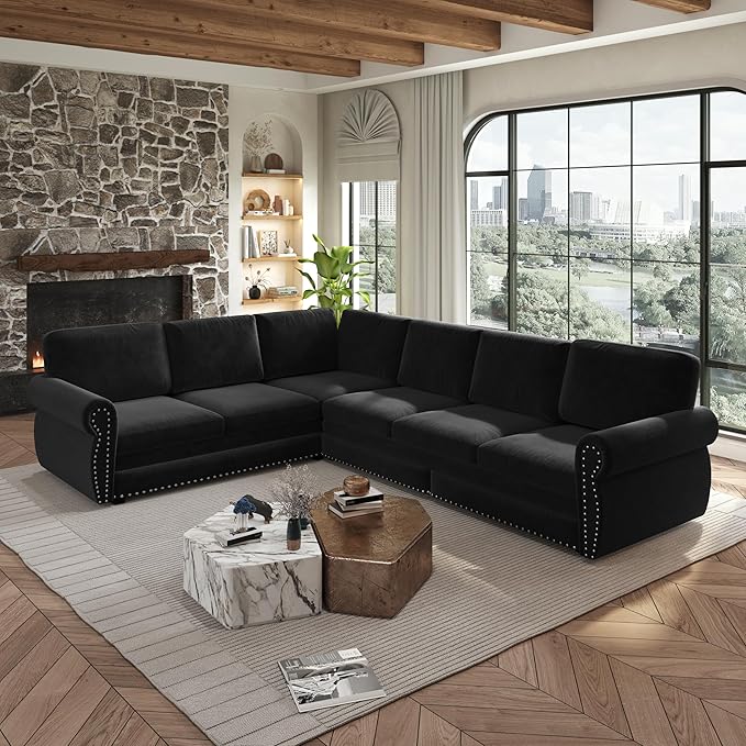 118 Sleeper Sofa Bed Sectional Couches for Living Room/Apartment Chenille L Shaped Couch with Pull Out Couch Bed Convertible Sectional Sofa with Rolled Arm &amp Nailhead Trim Black