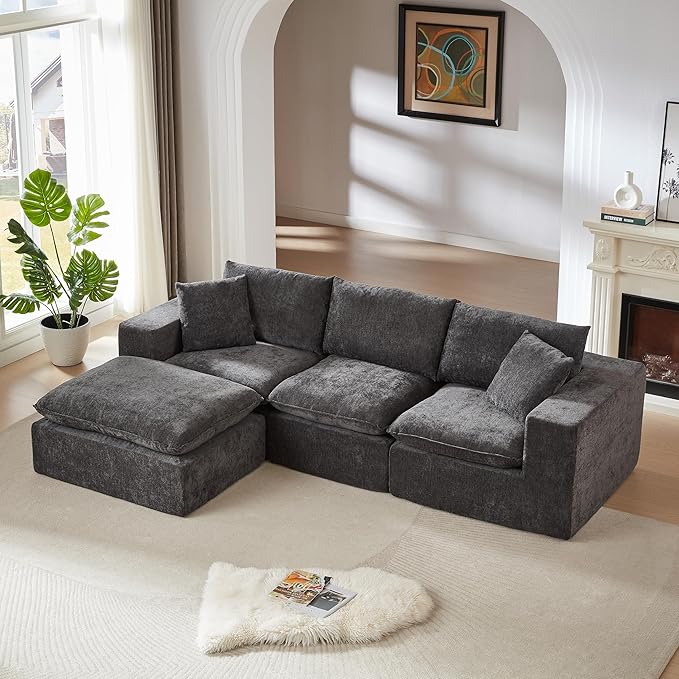 Ball &amp Cast 108 Modular Sectional Sofa L Shaped Modular Sectional Couch Deep Seat with Movable Ottoman Upholstered Convertible Comfy 4 Seater Chenille Sofa for Living Room ApartmentDark Grey