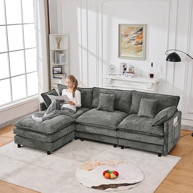 KEIKI 101.9 Modular Sectional Sofa with Movable Ottoman 3 Seat Modern Sofa Set L-Shape Sectional Couches for Living Room Apartment Gray