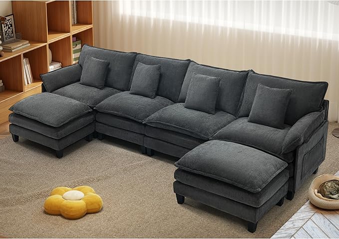 Cloud Couch 140 Modular Sectional Sofa with Movable Ottoman U Shaped Modern Sofa with Pillows Deep Seat Couches for Living Room Bedroom and Apartment Comfy Couch Grey