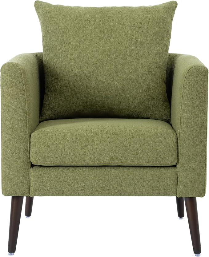 Modern Accent Chair Fabric Armchair Chair with Waist Pillow Upholstered Arm Chair with Solid Wood Legs Padded Single Chair for Living Room Bedroom Study Olive Green