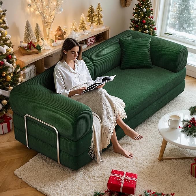 78.8 Corduroy Convertible Sofa Bed with Stainless Fixed-Shape Frame 4-in-1 Boneless Loveseat with Pull-Out Bed Lounge Futon Sofa Couch Floor Mattress for Living Room No Assembly Required(Green) |