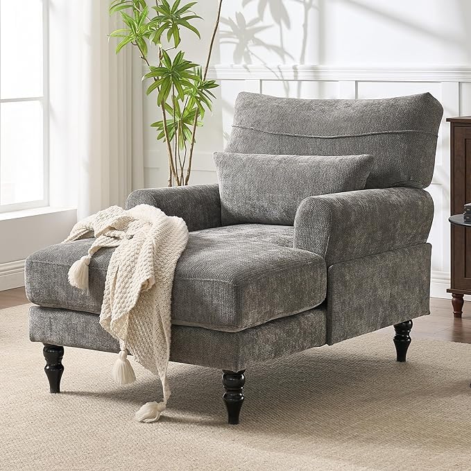 Chaise Lounge Chair Indoor Modern Leisure Sleeper Sofa Chair w/Double Deep Cushion Accent Upholstered Reading Side Armchair Recliner Arm Chairs for Living Room &amp Bedroom Easy Assembly