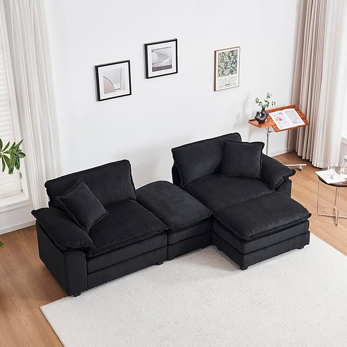 Oversized Chaise Lounge Chair Indoor with Ottoman 80.5W Corduroy Upholstered Modern Loveseat Sofa Deep Seat Modular Sectional Cloud Couch Sofa Comfy Reclining Sleeper Chair for Living Room Black